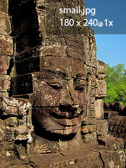 A giant stone face at The Bayon temple in Angkor Thom, Cambodia